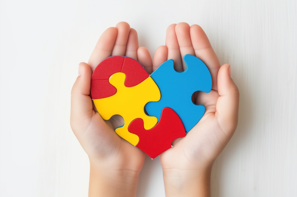 Hands holding a colorful autism awareness puzzle heart