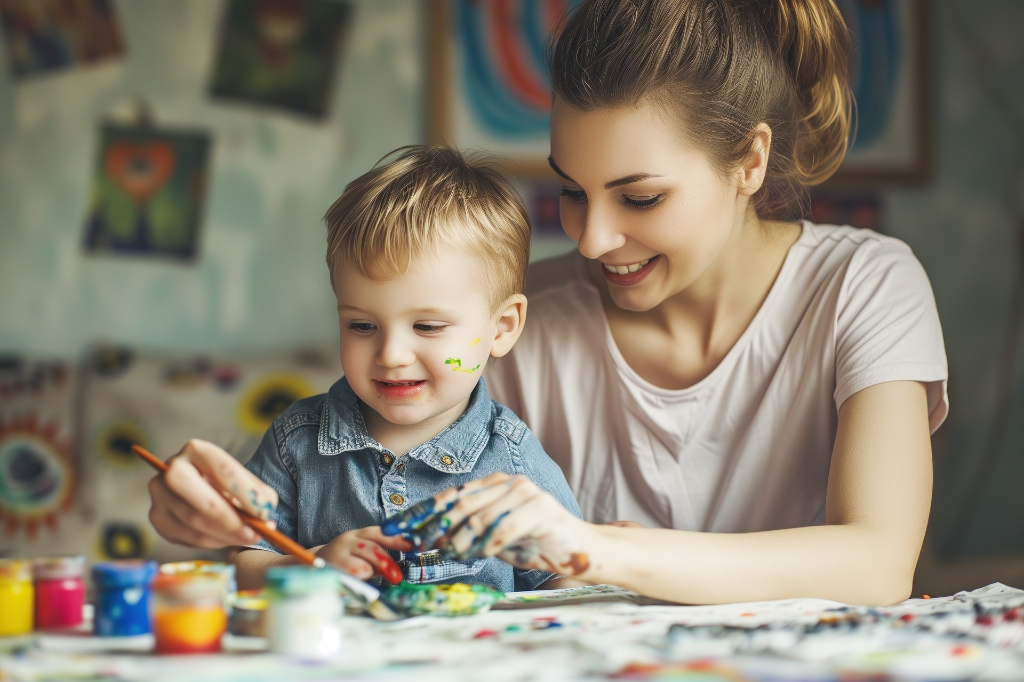 Caregiver helping a child paint in a warm playgroup setting
