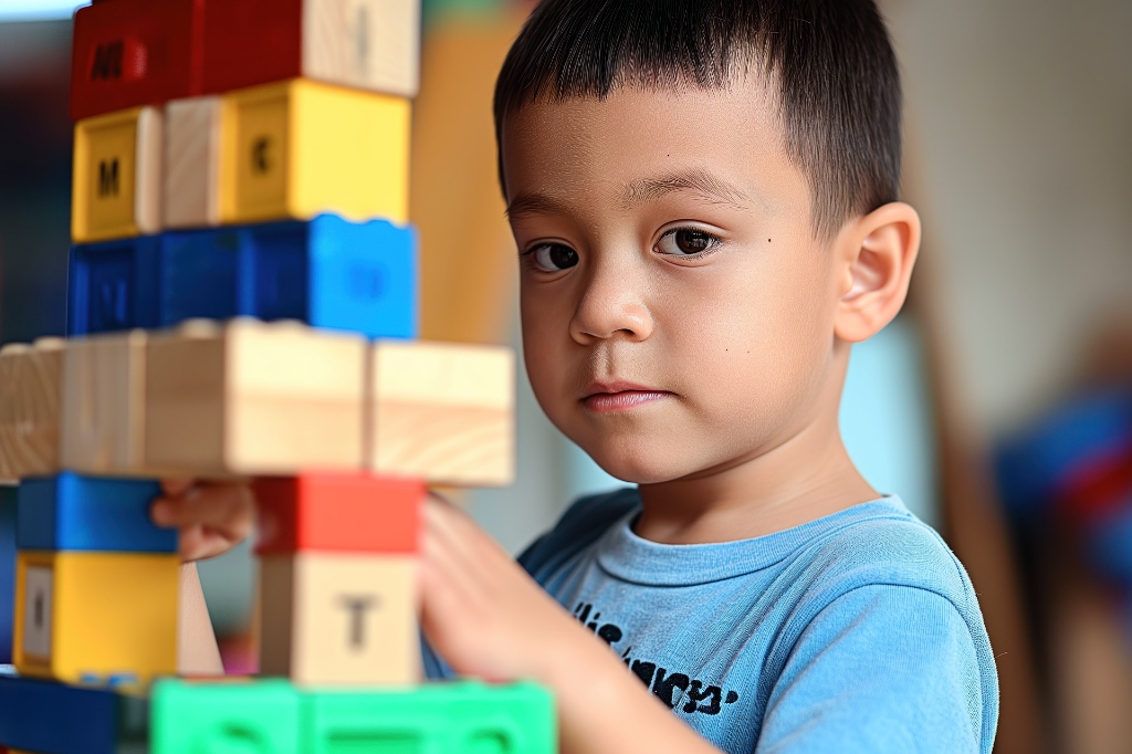 Child focused on stacking colourful letter building blocks